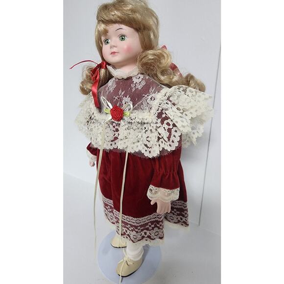 Vintage Tender Hearts Porcelain Doll No. 594 Red Velvet Lace Dress w/ Stand - Picture 2 of 10